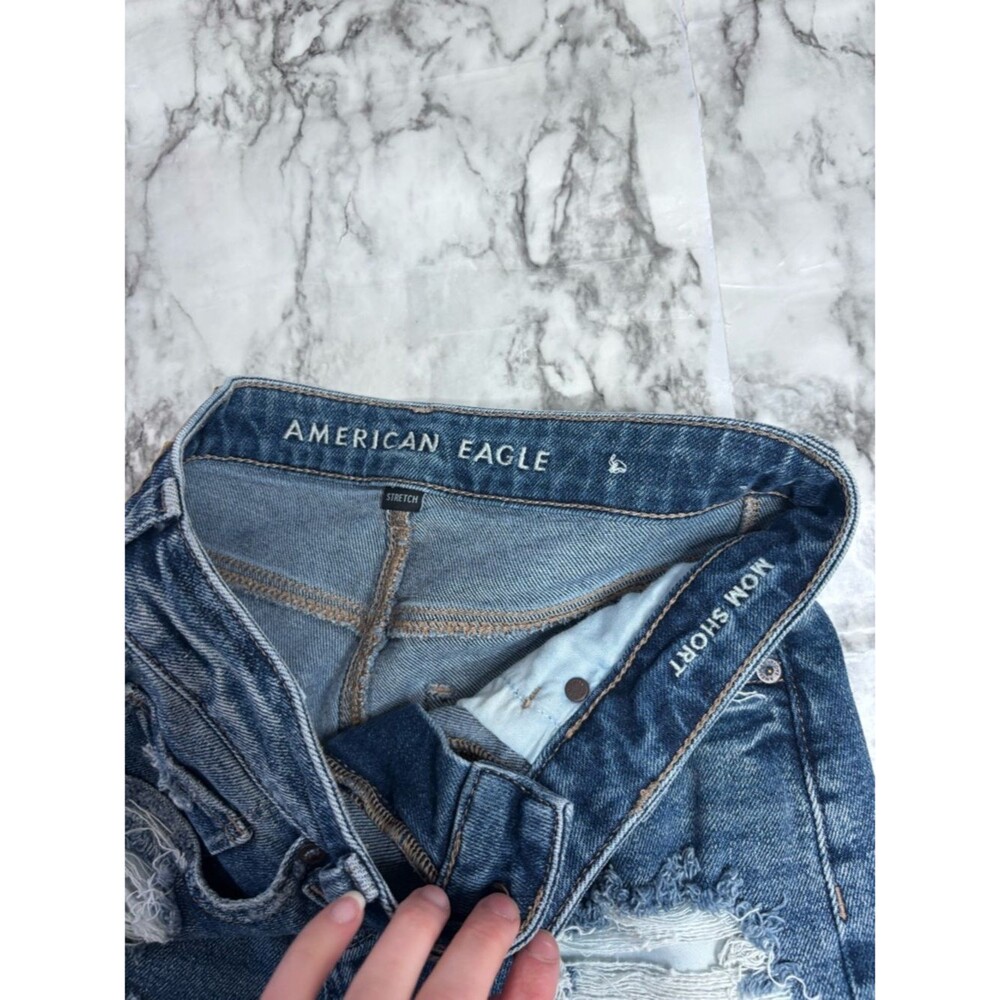 American Eagle Outfitters Mom Short Distressed Dark Blue Denim Cutoff Shorts 2 - Picture 3 of 7